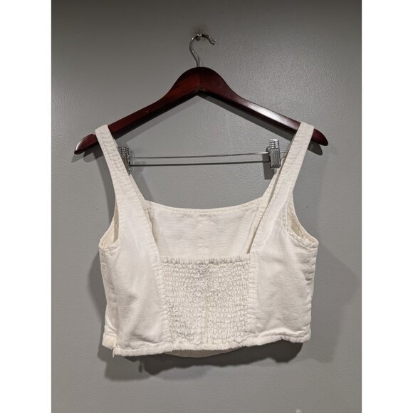 PILCRO Anthropologie Cream Corset Style Cotton/Linen Crop Top Smocked Back Sz S - Picture 2 of 16